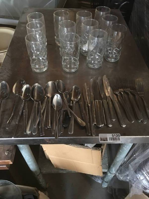 lot 5120 image: Misc Silverware and Lot of Clear Glasses