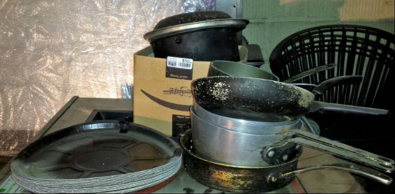 lot 5103 image: Lot of Pots and Pans  Case of Crown Royal Glasses