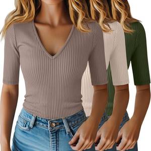 lot 1008 image: Riyiper 3 Pack Womens Half Sleeve Top Elbow Length Ribbed Cotton T Shirt Women V Neck Summer Tee Slim Fit Casual Blouses, Size Medium
