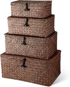 lot 1011 image: Woanger Set of 4 Wicker Baskets with Lids, Nautral Seagrass Storage Baskets, Woven Rectangular Basket Bins, Rattan Storage Organizer for Shelf Closet Bedroom(Coffee)