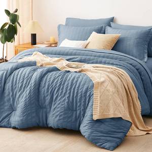 lot 1016 image: CozyLux Queen Comforter Set Grayish Blue, 7 Pieces Seersucker Textured Luxury Bed in a Bag, Dusty Blue All Seasons Bedding Sets with Down Alternative Comforter, Sheets, Pillowcases & Shams, Home Gift
