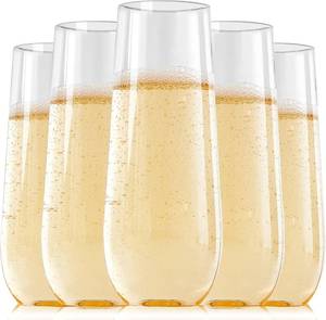 lot 1019 image: FOCUSLINE 24 Pack 9 Oz Clear Plastic Champagne Flutes, Stemless Plastic Champagne Glasses Clear, Heavy Duty Toasting Glasses, Shatterproof and Disposable Cups Perfect For Any Party