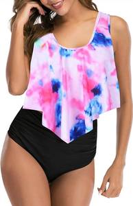 lot 1029 image: Women High Waisted Bikini Swimsuit Plus Size Flounce Top Vintage Tummy Control Bottom Two Piece Tankini Bathing Suits, Size Large
