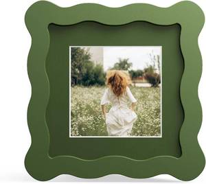 lot 1031 image: 4x4 Picture Frame with Mat for 3x3, Wavy Edge Wooden Real Glass Photo Frame for Tabletop and Wall Hanging, Green, 1 Pack