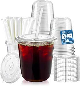 lot 1040 image: Homestockplus 100 Pack 12 oz BPA-Free Clear Plastic Cups with Lids and Straws - Leak-Proof Disposable Straw Cups, Iced Coffee Cups for Kids Drinks, Smoothies & To-Go Cold Beverages