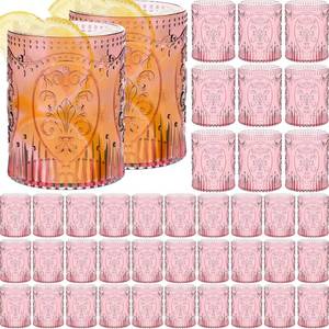 lot 1417 image: Qinyoung 48 Plastic Vintage Drinking Glasses 8.5oz Stemless Retro Embossed Wine Glasses Shatterproof Reusable Cups for Baby Shower Wedding Reception Grand Event Party (Pink)
