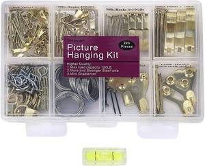 lot 1467 image: Picture Hangers, Picture Hanging Kit, 225pcs Heavy Duty Frame Hooks Hardware with Nails, Hanging Wire, Screw Eyes, D Ring and Sawtooth for Wall Mounting