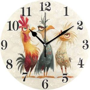 lot 1472 image: Cartoon Roosters Wall Clock Silent Non Ticking Creative Decorative Funny Round Clock Easy to Read Battery Operated for Living Room Bedroom Decor 10 in