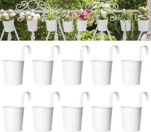 lot 1481 image: Dahey 10 Pcs Hanging Flower Pots Metal Iron Bucket Planter for Railing Fence Balcony Garden Home Decoration Flower Holders with Detachable Hooks, White, 4 Inches