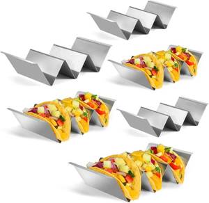 lot 1483 image: Taco Holders Set of 6, Taco Stand, Stainless Steel Taco Holder, with Easy-Access Handle, Each Can Hold 2 To 3 Tortillas, Oven Safe for Baking, Dishwasher Safety