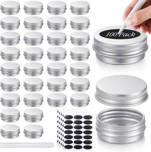 lot 1506 image: Patelai 100 Pcs Metal Tins 0.5 oz Screw Top Round Cans Aluminum Tin Jar Lip Balm Containers Bottle Empty Travel Cosmetic Cans Container with 5 Sheets Label Stickers 1 Marker(Silver)