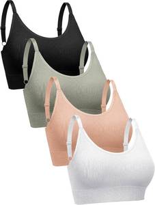 lot 1518 image: SATINIOR 4 Pack Womens Sports Bra, Padded Ribbed Cami Bra Seamless Bralette Wireless No Underwire Workout Tank Top