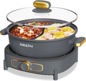 lot 1519 image: Dezin Hot Pot Electric with Divider, 6L Double-Flavor Shabu Shabu Pot, Dual Sided Removable Non-Stick Hotpot Pot Electric, 3 Depth Chinese Hot Pot with Multi-Power Control, 2 Silicone Ladles Included