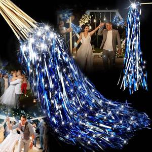 lot 1598 image: Simgoing 24 Pcs Lighted Wedding Wands LED Tinsel Wands Light up Streamers Sparklers for Wedding Send Off and Exits Birthday Party Props Favors(Blue Silver Tinsel)