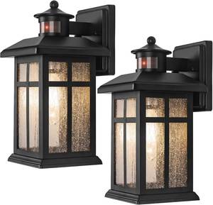 lot 1612 image: Motion Sensor Outdoor Wall Lights 2 Packs- Updated Dusk to Dawn Outdoor Lighting, Exterior Light Fixtures with E26 Sockets &amp Tempered Glass, Wall Mounted Black Waterproof Outdoor Lights for House - Retail $79.99