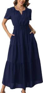lot 1617 image: Womens Summer Short Sleeve Maxi Dress Casual with Pockets Midi Dresses Elastic Waist SIZE 2XL