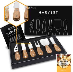 lot 1618 image: Harvest 6-Piece Cheese Knife Set (Gift-Ready) - Premium Stainless Steel Cheese Knives with Rivets, Full Tang Blades and Teak Wood Handle Charcuterie Board Accessories w 15 Festive Recipes