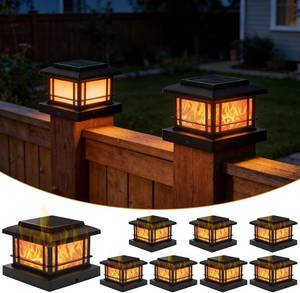 lot 1651 image: 8 Pack Solar Post Cap Lights Outdoor with Flickering Flame, Fence Post Solar Lights Fit for 4x4 3.5x3.5 Wooden Vinyl Posts, Waterproof Solar Lamp for Garden, Deck, Patio, Yard Decor (Black)