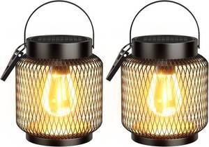 lot 1652 image: KOOPER Metal Solar Lanterns Outdoor Waterproof, 2 Pack Brighter Hanging Solar Lights for Outside, Up to 15 Hours Modern Hanging Solar Powered Lanterns Lights for Yard Patio Path Tree Garden Decorative