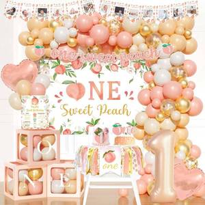 lot 1655 image: Costova One Sweet Peach Birthday Decorations, Peach 1st Birthday Decorations, Peach Themed Backdrop Balloon Banner Boxes Poster Crown for Girls Fruit Peachy First Birthday - Incomplete