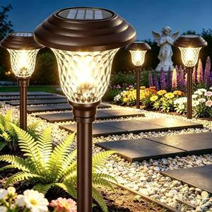 lot 1668 image: BEAU JARDIN 8 Pack Solar Pathway Lights WhiteColor Changing Stainless Steel 3 Mode Outdoor Multicolor Metal Solar Powered Waterproof Glass for Garden Landscape Path Yard Walkway Driveway Bronze