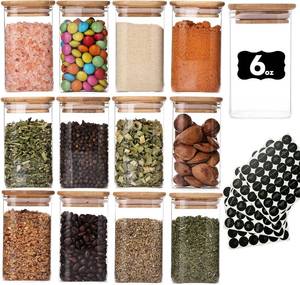 lot 1669 image: 6oz Glass Spice Jars with Bamboo Lid and Label, 11 Pack Square Glass Container, Small Food Storage Containers for Kitchen, Clear Empty Seasoning Jar for Sugar, Salt, Coffee Bean, Herb, Borosilicate