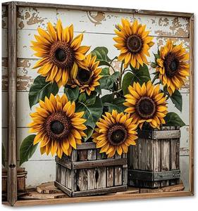 lot 1680 image: PBXBJY Sunflower Wall Art Yellow Flower Canvas Prints Rustic Floral Pictures Painting Country Farmhouse Kitchen Bedroom Office Decor Frame (12.00 x 12.00)