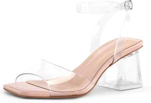 lot 1695 image: mysoft Womens Clear Heels Low Chunky Heel Open Toe Transparent Zebra Rhinestones Block Heeled Sandals Ankle Strap Shoes Size 6