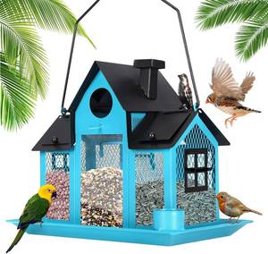 lot 1697 image: Solar Bird Feeders House for Outside Hanging, Metal Wild Bird Feeder for Outdoors Large Capacity Cardinal Birdfeeder Birdhouses Metal Bird Feeding Station Blue