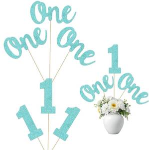 lot 1728 image: Light Blue 1st Glitter Birthday Centerpiece Sticks 12PCS Number 1 Table Topper One Centerpieces for Tables Anniversary Party Decorations First Birthday Party Supplies