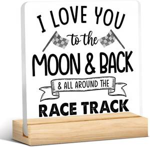 lot 1768 image: Love You To The Moon And Back And All Around The Race Track Clear Decorative Acrylic Sign Desk Decor,Farmhouse Racing Checkered Desk Sign for Home Boys Room Shelf Table Decor Decorations
