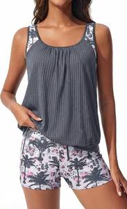 lot 1785 image: Hanna Nikole Tankini Swimsuits for Women, Textured Modest Swimsuit, Blouson Tankini with Sports Bra and Boyshorts Size Large