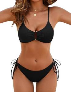 lot 1790 image: Blooming Jelly Womens 2 Piece Bikini Sets Cheeky High Cut Bathing Suit Color Block Textured U-Wire Swimsuits Size Small