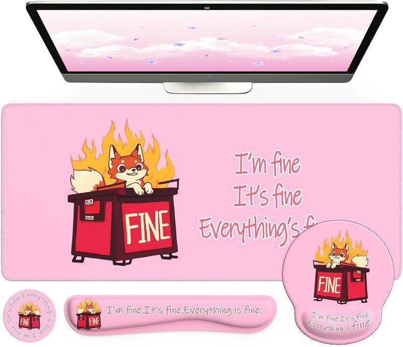 lot 7753 image: iCasso Pink Dumpster on Fire Accessories Themed Stuff,It s Fine I m Fine Everything is Fine, Funny Mouse pad Gifts for WomenMen,Cute Mousepad for Laptop Gaming,Home Office Decor Desk Accessories