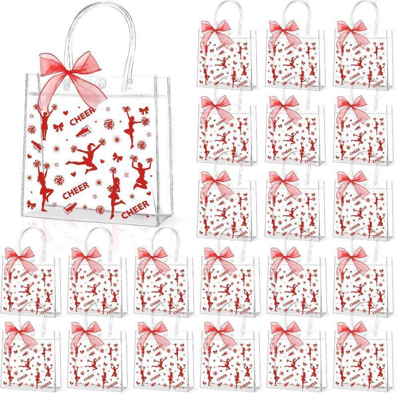 lot 8340 image: Lonfliness 24Pcs Cheer Clear PVC Gift Bags with Handles And Ribbon Bow Bulk 8 X 8 X 3in Cheerleading Goodie Treat Bags Cheer Team Present Tote Bag for Cheerleader Teammates Party Supplies(Red)