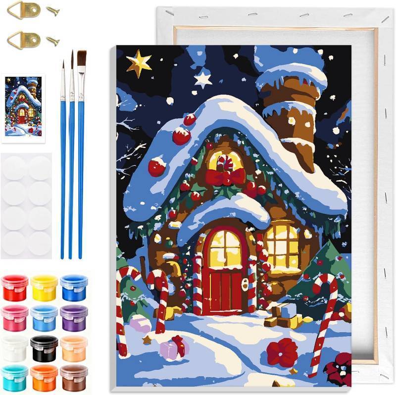 lot 10890 image: GHHKUD Christmas Paint by Numbers with Frame for Adults Beginners, DIY Landscape Paint by Numbers for Age 6-12, Art on Canvas Gifts Home Wall Decor 8x12in