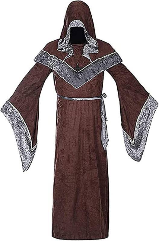 lot 10962 image: Mens Halloween Costume Sorcerer Robe, Medieval Vintage Renaissance Hooded Gown Cloak Cape Size Large