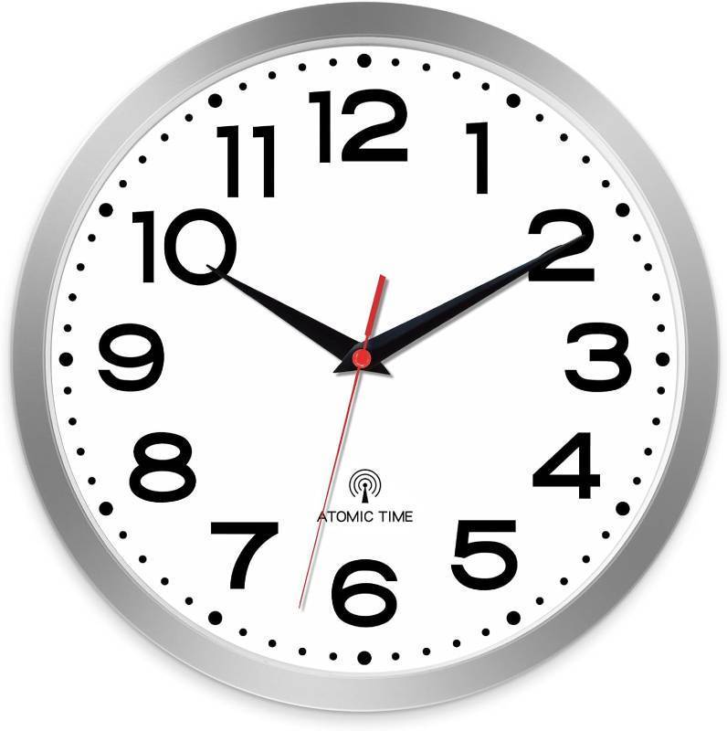 lot 11021 image: Roymnie Atomic Wall Clock 10 Inch, Modern Clock Battery Operated Classic Analog Decorative for Kitchen, Living Room, Office, Bedroom, Bathroom (Silver)