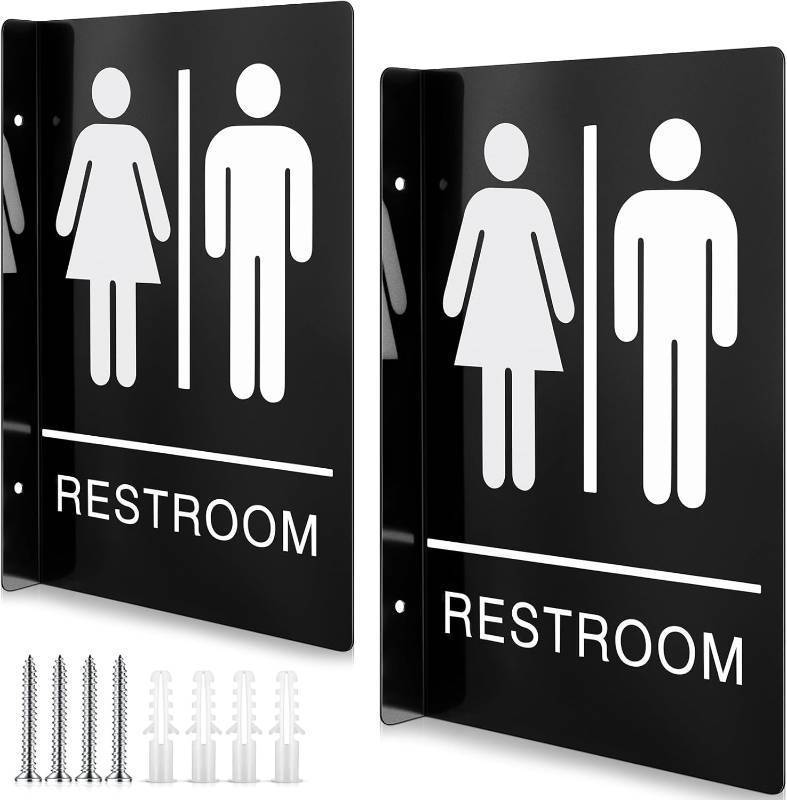 lot 10719 image: Shimeyao 2 Pack 9 x 6 Inch Restroom Sign for Business Black Aluminum Bathroom Sign with Double Sided for Office Restaurant Toilet Door Wall Decor(Mens & Womens Restroom)