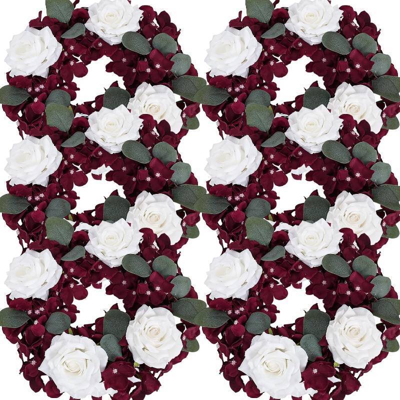 lot 10762 image: Artificial Flower Candle Rings - 6 Inch Inner Rose Floral Wreaths for Wedding Bridal Event Table Centerpieces Backdrop Decorations (Burgundy & White, 6 X Candle Rings)