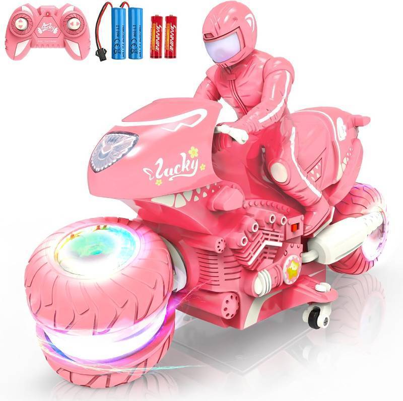 lot 10774 image: Remote Control Motorcycle for Girls with RGB Wheels Lights, RC Motorbike Toy, 360  Rotations, 55 Min Play, Stunt Motocross with Rider, 2.4Ghz RC Dirt Bike Birthday Xmas for Girls 4-12 (Pink)