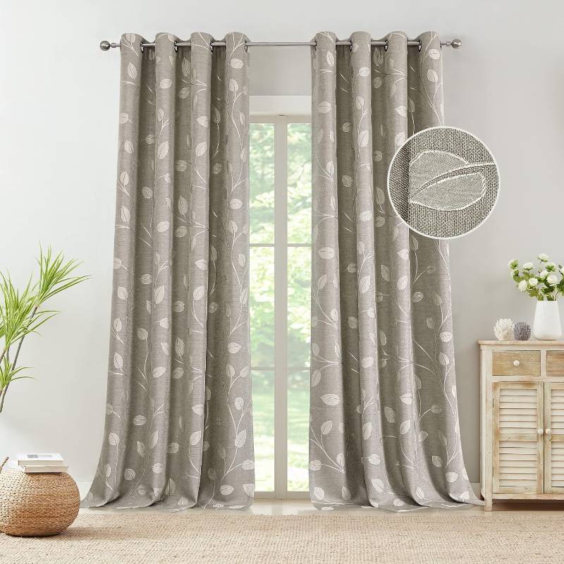lot 10803 image: WEST LAKE Khaki Tan White Leaf Jacquard Curtain 2 Panels Heavy Linen Textured Room Darkening with Branches Pattern Grommet Top Window Treatment for Living RoomBedroom,50x84x2