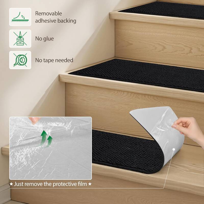 lot 10848 image: Stair Treads for Wooden Steps Indoor 8 x 30 Non-Slip Carpet Stair Runners Washable Reusable Adhesive Indoor Stairs Tread Rug Stain Resistant Edging Staircase Mat for Kids and Pets COLOR IS GRAY