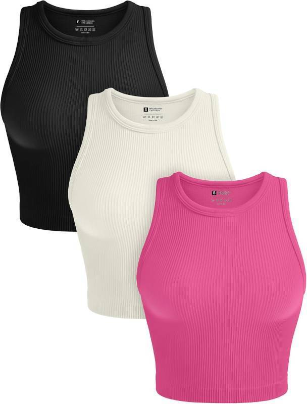 lot 11102 image: OLCHEE Womens 3 Pack Crop Tank Tops Basic Seamless Ribbed Round High Neck Racerback Workout Top Summer Causal Yoga Gym Shirts SIZE XS