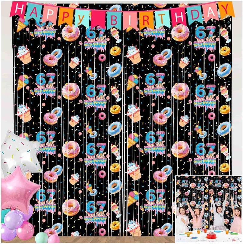 lot 12409 image: Funny 6 7 Meme Birthday Party Supplies 2 Pack Donut Theme Decorations 3.3x6.6ft Tinsel Foil Fringe Curtains Black Backdrop Streamers Ice Cream Six Seven Photo Decor for Kids