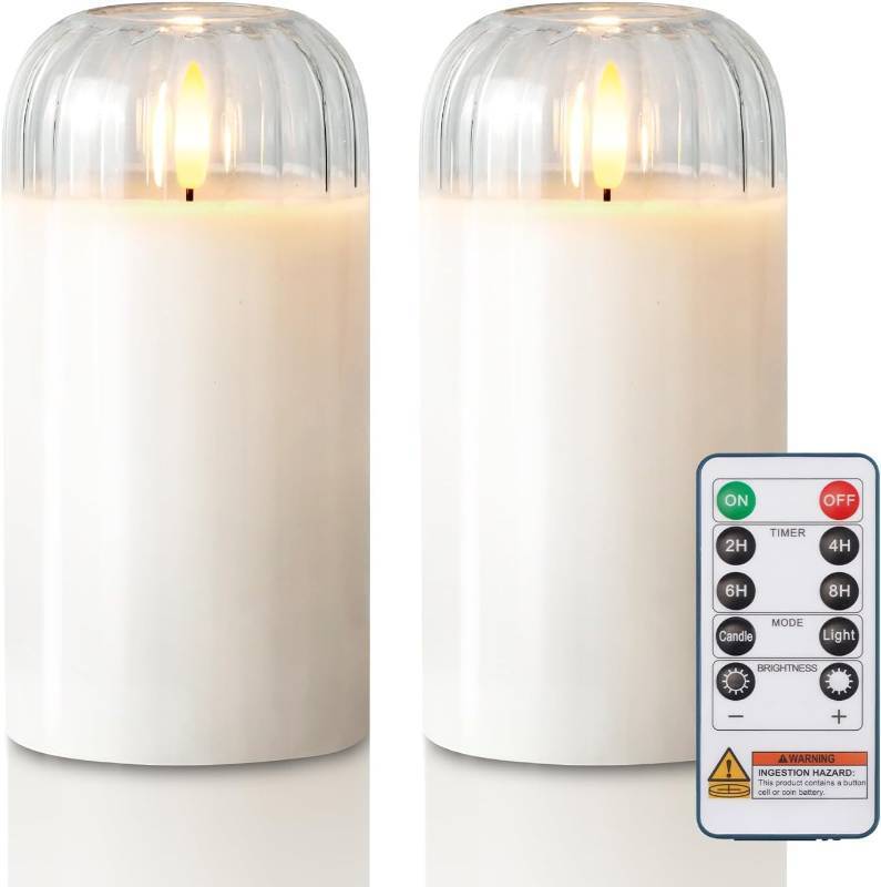 lot 12415 image: Homemory Glass Flameless Candles, Battery Operated Plliar Candles Realistic Flickering, LED Electric Light with Remote and Timer for Home, Christmas Decoration, White, Set of 2