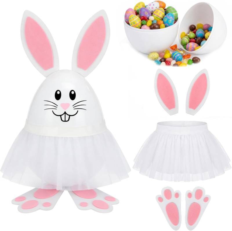 lot 12442 image: Jumbo Tutu Easter Eggs Baskets DIY Decorations Kit Egg Costume 11 Large Plastic Fillable Bunny Eggs Gift Felt Bunny Ears and Feet and Tulle Skirt for Easter Hunts, Party Favors(White)