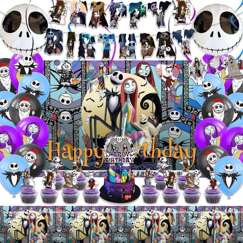 lot 12489 image: Birthday Party Decorations, Magical Wizard Pirate Halloween Horror Night Themed Party Supplies - Happy Birthday Banner, Balloons, Backdrop, Tablecloth, Cake Inserts Set-Black