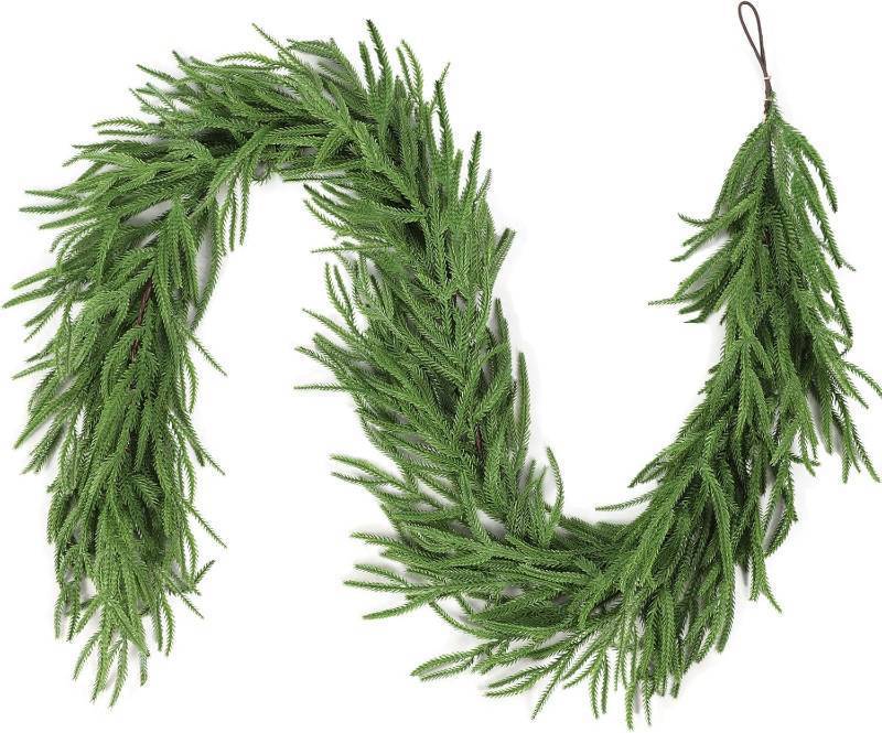 lot 12494 image: Thickened Upgraded Realistic Artificial Norfolk Pine Holiday Garland - Thick Lush Full Faux Greenery Garland for Fireplace Mantle, Indoor Outdoor Christmas Home Party Decorations