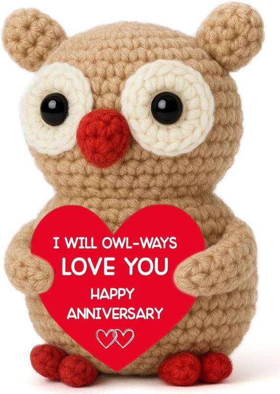 lot 12519 image: Crochet Owl Anniversary for Wife from Husband, Handmade Mini Keepsake with Red Heart Card, Romantic Couple Present for Wedding Anniversary or Birthday, Thoughtful Handmade Love Expression